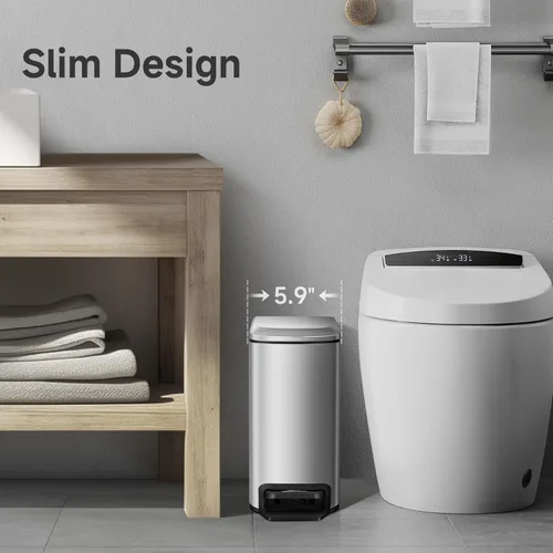 Vista 3 de TIPGO Cubo de basura delgado para baño con tapa de cierre suave, pedal de paso, cubo de basura de acero inoxidable de 6 litros/1.6 galones, cubos