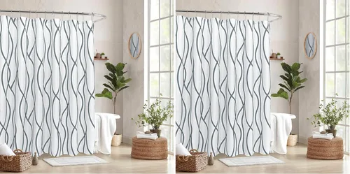 Vista 35 de Biscaynebay - Cortina de ducha extralarga de tela texturizada de 72 x 72 pulgadas, cortinas de baño modernas de lino con rayas doradas impresas