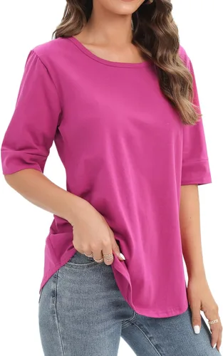 Vista 2 de Womens Elbow Length Sleeve Tops Summer Fashion Cotton Blouses Casual Tunic Tee Shirts