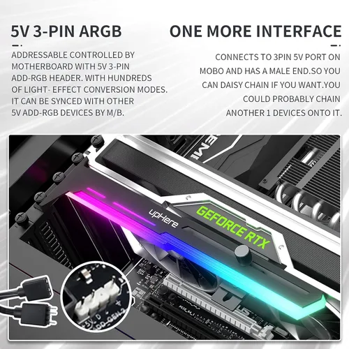 Vista 4 de upHere Soporte de tarjeta gráfica RGB direccionable de 5 V y 3 pines, soporte para tarjeta de vídeo, tira ARGB integrada de 5 V, soporte de longitud