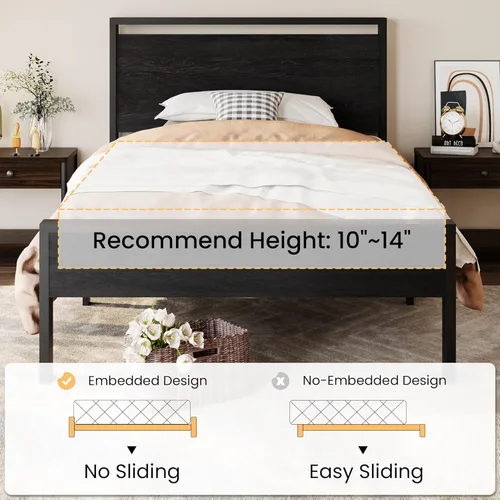 Vista 7 de SHA CERLIN Base de cama de plataforma metálica de tamaño individual de 14 pulgadas con cabecera y estribo de madera, base de colchón, no necesita