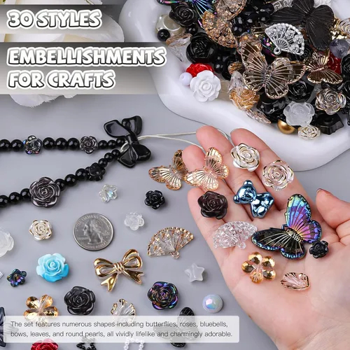 Vista 4 de 350 piezas de resina 3D ABS coloridos lazos de flores de rosas con parte trasera plana, cuentas de perlas semicirculares para pulseras, aretes