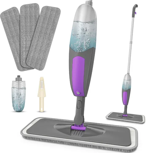 Trapeador de microfibra para limpieza de suelos, con 3 almohadillas lavables, botella recargable de 18.6 fl oz para madera dura, azulejos, mármol,