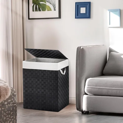 Vista 6 de YOUDENOVA Cesta de lavandería tejida a mano con bolsa extraíble y tapa, cesta de ropa plegable con asa, color negro