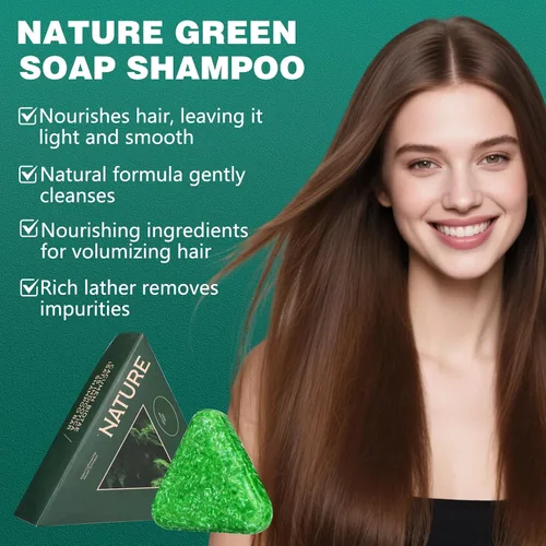Vista 2 de 2Pcs Nature Seven Green Soap Shampoo, Nature Triangle Shampoo Bar, Polygonum Shampoos Soap, Cepress Orientalis Usman Herbal Hair Strengthening Soap