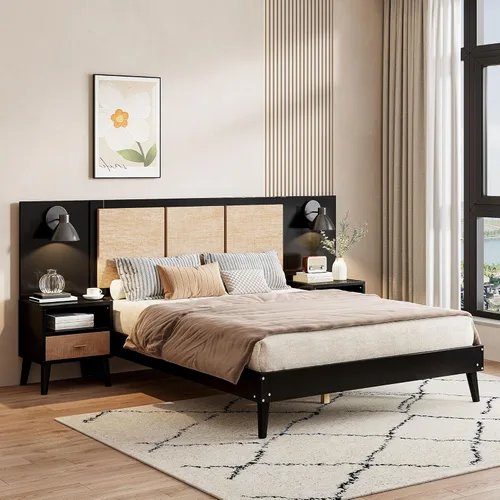 Vista 4 de Harper & Bright Designs Cama de plataforma tamaño Queen con 2 mesitas de noche y 2 lámparas, cama Queen de madera con cabecero, combinación de ratán