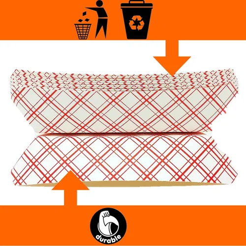 Vista 6 de Bandejas de papel para alimentos, papel a cuadros rojo y blanco. Mediano (2 libras). Paquete de 50 botes desechables y reciclables. Para