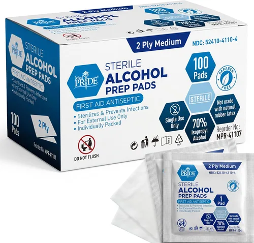MED PRIDE Almohadillas de preparación de alcohol estéril, antisépticas, envueltas individualmente, grado médico, sin látex, 2 capas, 100 de Shield Line