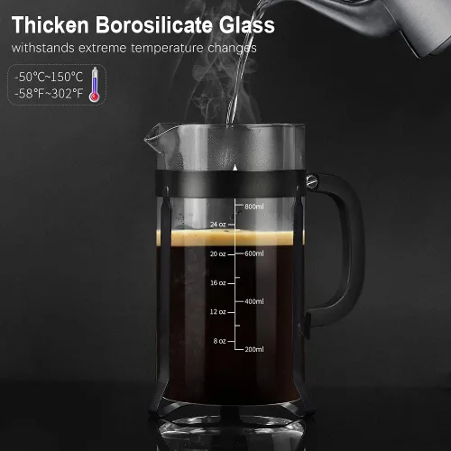 Vista 2 de QUQIYSO Cafetera de prensa francesa de acero inoxidable 304 con 4 filtros, resistente al calor, duradera, fácil de limpiar, prensa de café de vidrio