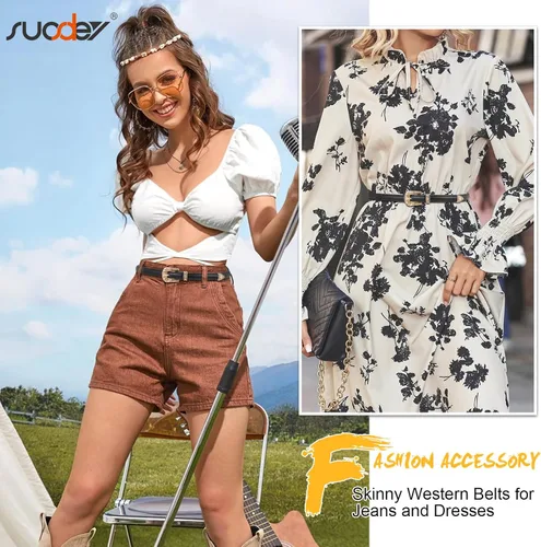 Vista 32 de SUOSDEY Cinturones ajustados occidentales de moda para mujer, cinturón de cuero ajustable para vestidos con hebilla vintage