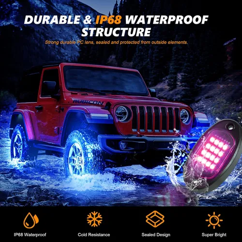Vista 2 de 8 vainas RGB LED Rock Lights para Jeeps, camiones, carrito de golf, ATV, UTV RZR, SUV, todoterreno, kit impermeable multicolor con aplicación, modo