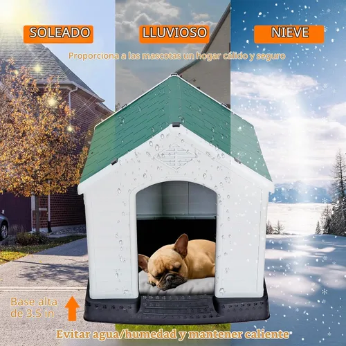 Vista 3 de ZENY Casa de plástico para perros – Perrera impermeable con rejillas de ventilación y suelo elevado para todo tipo de clima para interiores y Verde