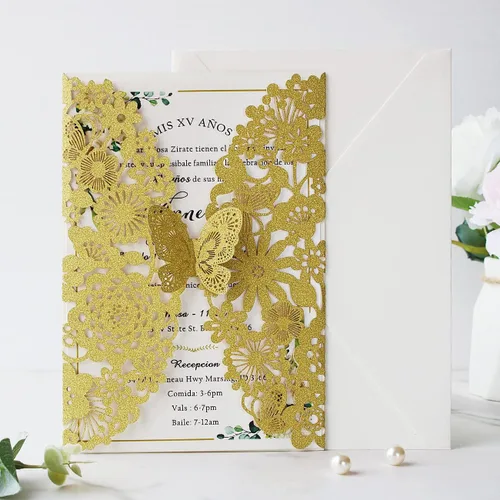 Vista 36 de Hosmsua 20 tarjetas de invitación de boda de champán con sobres de 5.12 x 7.3 pulgadas, cortadas con láser, mariposa, encaje, invitación para boda