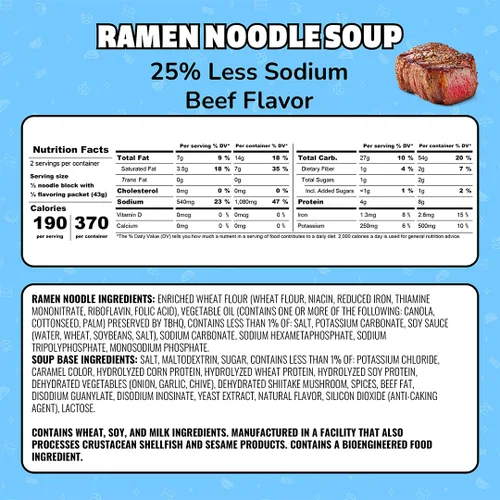 Vista 2 de Maruchan Ramen - Carne de res con menos sodio, fideos Ramen instantáneos, comidas listas para comer, 3 onzas, 24