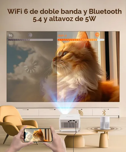 Vista 6 de Magcubic - Miniproyector 2025 4K compatible con WiFi 6 y Bluetooth 5.4, altavoz Soundbase de 5 W, portátil con corrección trapezoidal vertical