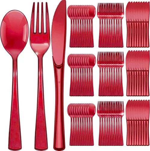 Vista 9 de Minatee Juego de 150 piezas de cubiertos desechables de plástico, cubiertos de plata resistentes, juego de utensilios 50 tenedores, 50 cuchillos, 50