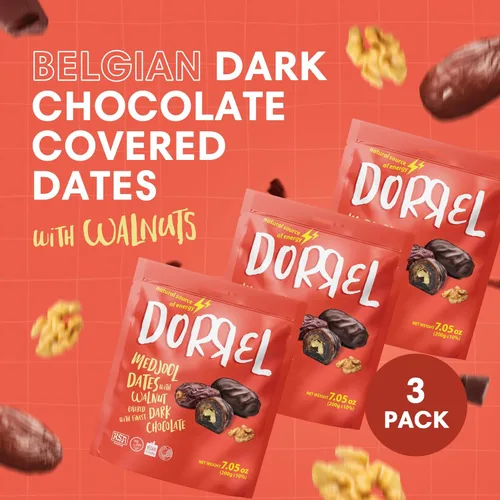 Vista 2 de DORREL - Dátiles cubiertos de chocolate negro belga (Medjool) con relleno de nueces, aperitivo de chocolate vegano de alta energía, delicioso