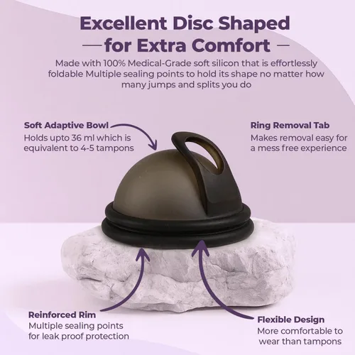 Vista 5 de Disco menstrual reutilizable hecho de 100% disco de silicona de grado médico, soporta hasta 6 súper tampones con protección cómoda de 12 horas sin