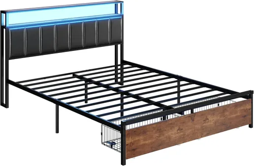 Vista 8 de AMERLIFE Base de cama LED con cajones, base de cama de plataforma completa con almacenamiento de 2 niveles y cabecera tapizada de cuero y estación