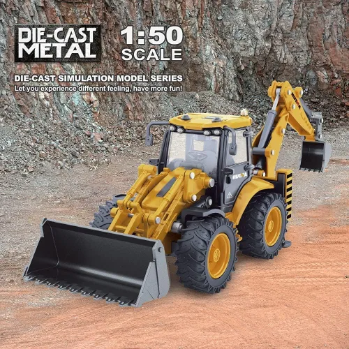 Vista 2 de Dollox Excavadora de Fundición a Presión Retroexcavadora Cargadora Frontal Camión 1/50 Vehículo de Ingeniería de Metal Construcción