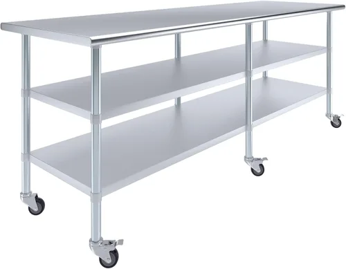 Vista 19 de Mesa de trabajo de acero inoxidable con 2 estantes con ruedas Mesa de utilidad de metal Mesa de utilidad NSF comercial y residencial