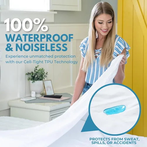 Vista 2 de Funda de colchón impermeable con cremallera Premium tamaño Queen de 60x80", 100% algodón, hipoalergénica, funda de colchón de seis lados, cremallera