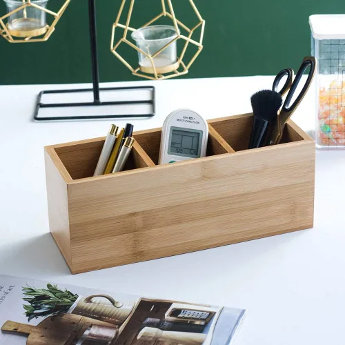 Vista 2 de Soporte para lápices de madera de bambú para escritorio, soporte de control remoto, organizador, almacenamiento de escritorio con 3 compartimentos