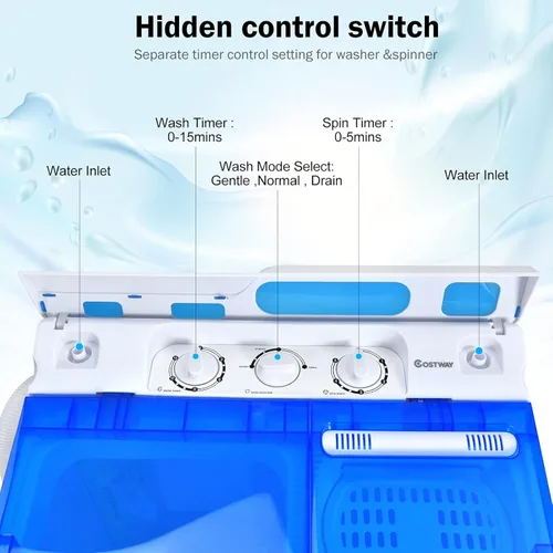 Vista 3 de COSTWAY Lavadora portátil, doble bañera semiautomática de 13 libras, lavadora compacta y giratoria, bomba de drenaje integrada, pomos de control