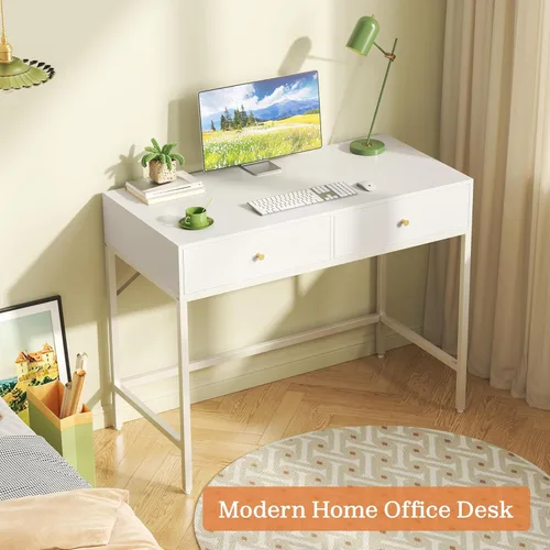 Vista 6 de SUPERJARE Escritorio de tocador con cajones, escritorio de computadora de 31.5 pulgadas, escritorios modernos y simples para oficina en casa, mesa