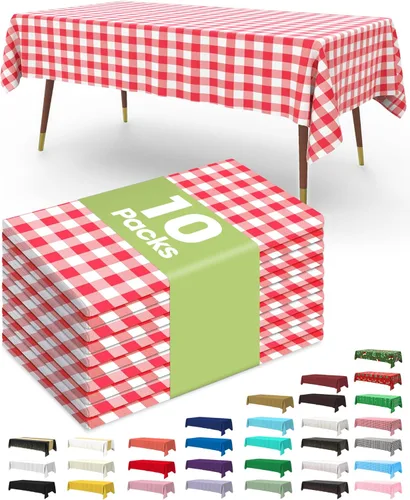 Vista 10 de Pureegg Juego de 10 manteles de plástico desechables, 54 x 108 pulgadas, para fiestas de cumpleaños, picnic, manteles blancos, rectangulares