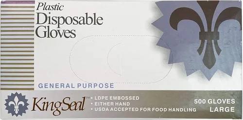 KingSeal 500 guantes desechables de polietileno ligeros, sin polvo, sin látex, seguros para alimentos, tamaño grande, 1 caja de 500 guantes