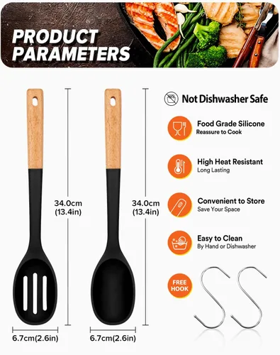 Vista 2 de Cucharas de cocina de silicona, ideales para recoger lados y servir guisos abundantes, silicona mate sin BPA, cuchara de servir con mango de madera