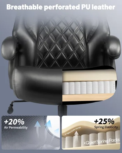 Vista 3 de Silla de oficina grande y alta de 600 libras, sillas de oficina ejecutivas con soporte lumbar ajustable, silla de escritorio ancha con rueda de goma