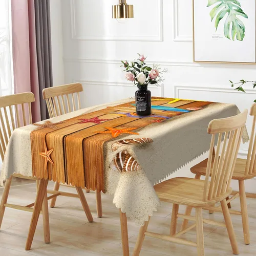 Vista 17 de Mantel oblongo, diseño de playa de 52 x 70 pulgadas, diseño de playa con estrellas de mar y olas de mar, con decoración impermeable y resistente a