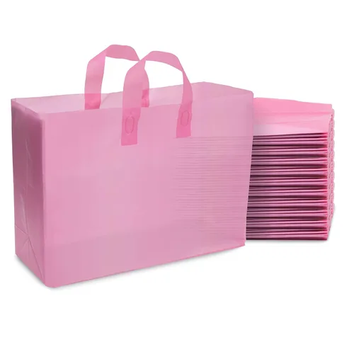 Vista 16 de Prime Line Packaging Bolsas de regalo rosadas, bolsas de tote de plástico esmerilado con asas para pequeñas empresas, golosinas, compras, cumpleaños