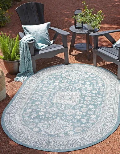 Vista 214 de Unique Loom Outdoor Aztec Collection Alfombra de área - Chalca (10 pies, redonda, azul/marfil)