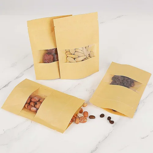 Vista 5 de 50 bolsas de papel kraft, bolsas resellables de 3.5 x 5.5 pulgadas con ventana, bolsa de almacenamiento de alimentos con cierre de cremallera