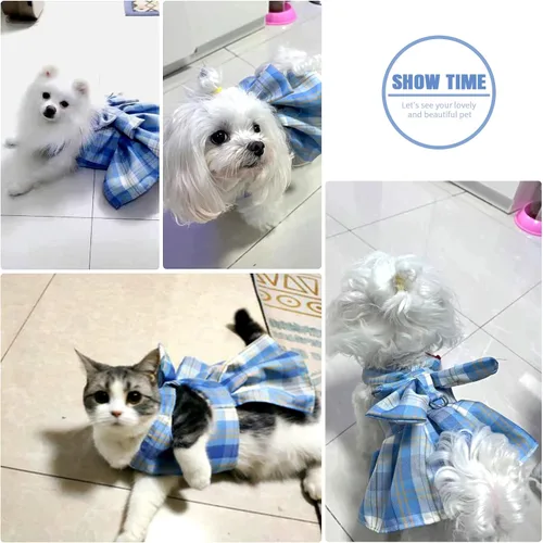 Vista 4 de PETCARE Vestido de perro a cuadros con corbata de moño, arnés y correa para perros pequeños, gatos, niñas, lindos vestidos de princesa para perros