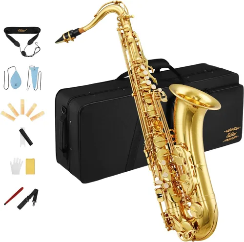 Vista 9 de Saxofón profesional Eastar alto dorado Mi plano Eb con kit de limpieza, estuche de transporte, boquilla, correa para el cuello, lengüetas, soporte