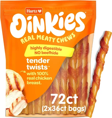 Vista 6 de Hartz Oinkies Tender Twists con pechuga de pollo real sin piel cruda para perros, masticables altamente digeribles para perros, 18