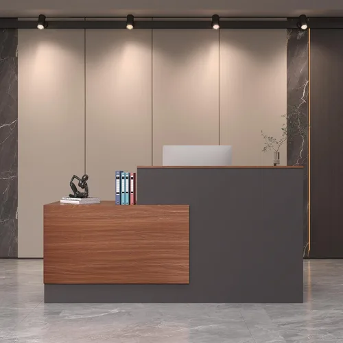 Vista 9 de Escritorio de recepción en forma de L con cajones con cerradura y armario de llenado ajustable, moderno mostrador de recepción con bandeja