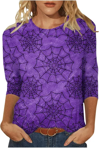 Camisas de Halloween para mujer, manga 34, cuello redondo, con gráficos, ajustadas, túnica elegante, casual, a la moda, blusas delgadas