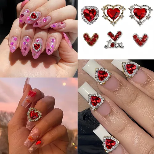 Vista 2 de Dijes de uñas para el día de San Valentín para arte de uñas, 15 piezas de dijes de corazón rojo, diamantes de imitación de uñas de corazón 3D