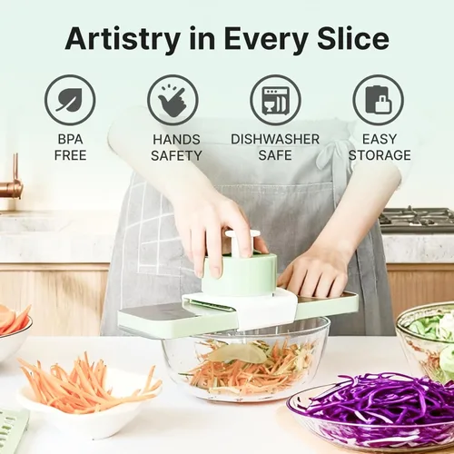 Vista 2 de ZKIRON Cortador de mandolina de acero inoxidable para cocina, cortador de verduras 6 en 1 con protector de seguridad de cubierta completa de 360°