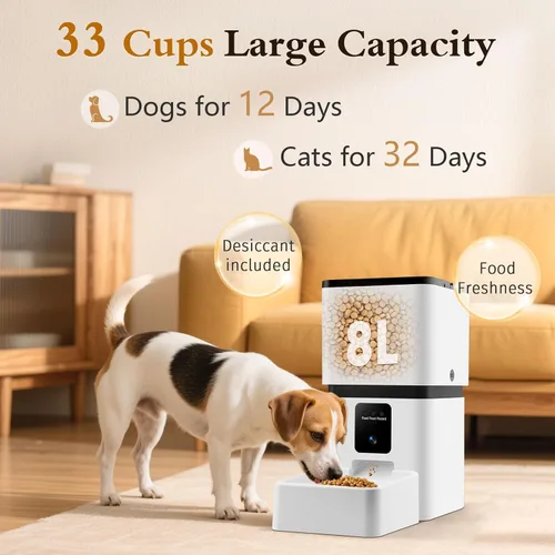 Vista 2 de Comedero automático para perros con cámara WiFi: 33 tazas, control de aplicación 5G, configuración fácil, dispensador de comida para gatos
