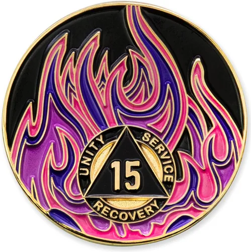 Vista 86 de Medallón de recuperación AA chapado en oro de 1 año Twisted Flames - Negro/Rojo/Naranja/Amarillo