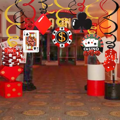 Vista 6 de 30 piezas de remolinos colgantes de casino para fiestas temáticas de póquer, decoración de techo para fiesta de cumpleaños de Las Vegas Casino Night