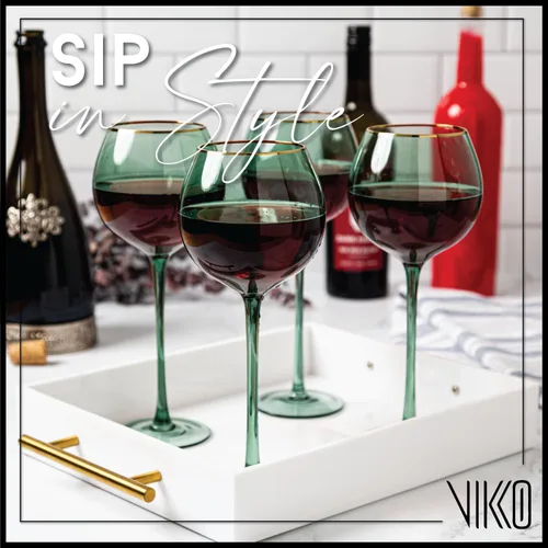 Vista 2 de Vikko Copas de vino, copa de vino verde de 17 onzas con borde dorado, juego de 2 copas de vino con tallo para vino tinto y blanco, copas de vino