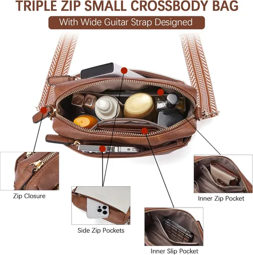 Vista 6 de BOSTANTEN Bolso cruzado pequeño para mujer, con triple cremallera, de cuero, con correa de hombro