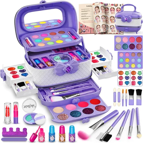Vista 10 de Hollyhi Kit de Maquillaje de 58 Piezas para Niñas, Juguetes de Princesa, Set de Cosméticos Reales Lavables con Espejo, Sets de Maquillaje